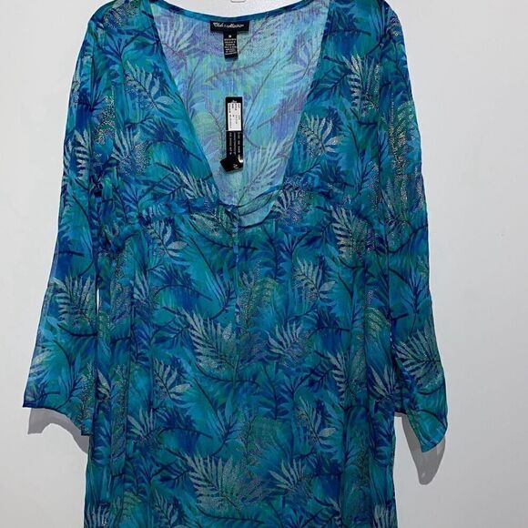 Club Z Collection Women's Blue Gold Tropical 3/4 Sleeve Swim Cover-Up Medium NWT - Picture 1 of 8